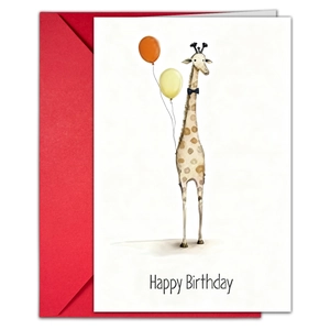 Detail of happy birthday card with hand-drawn giraffe illustration and red envelope