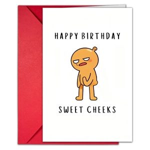 Funny cartoon happy birthday card with red envelope and sweet cheeks text on white base