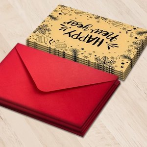 Vintage style New Year and Christmas greeting card set with festive red envelopes
