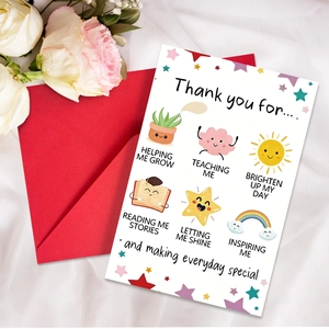 Holiday thank you card set with cartoon icons and red envelope on white silk background