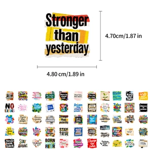 Detailed view of motivational quote stickers with size specs and collage design grid