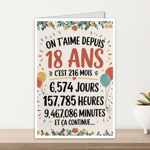 Vue détaillée d'une carte 18 ans avec texte français sur une étagère en bois clair