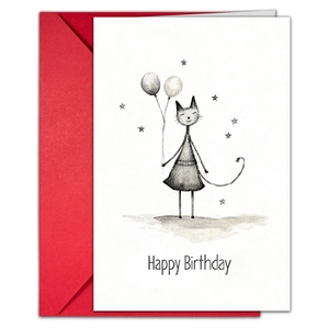 Detail of hand-drawn cat illustration birthday card with red envelope and balloons