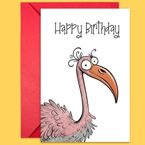 Close-up of funny pink bird watercolor birthday card with red envelope on yellow background