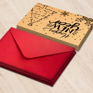 Retro Happy New Year cards and red envelopes set on light wood background