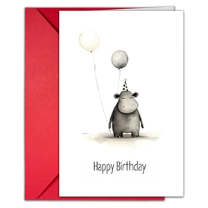 Detailed view of white birthday card with hand-painted hippo and a red envelope