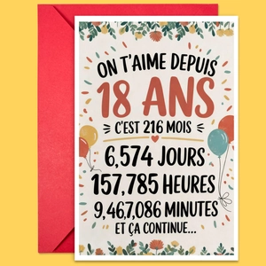 Vue détaillée de la carte 18 ans avec calculs de temps et enveloppe rouge