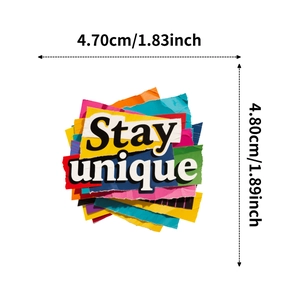 Detailed dimensions of Stay Unique colorful graffiti sticker showing 1.83x1.89 inch size