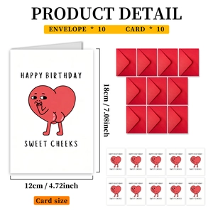 Pack of 10 funny Happy Birthday cards with red envelopes, size 12x18cm for celebrations