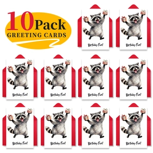 Detail showing 10 pack of watercolor raccoon birthday greeting cards with red envelopes