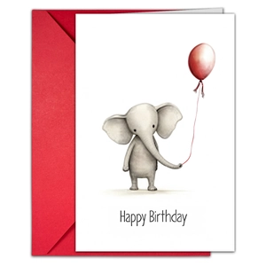 Detail of white birthday card with hand-drawn elephant and balloon next to a red envelope