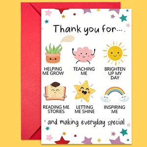 Detail of holiday greeting card with cute cartoon illustrations and a red envelope