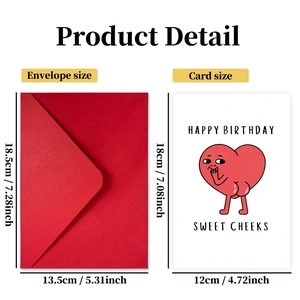 Funny happy birthday card with red heart butt cartoon and matching envelope set
