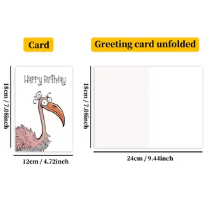 Detailed size chart showing folded and unfolded dimensions of Happy Birthday bird greeting card
