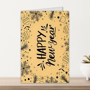 Vertical shot of Happy New Year card on wooden desk with festive snowflake patterns