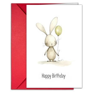 Detail view of Happy Birthday card with cute rabbit illustration and red envelope
