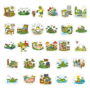 Set of 56 cute cartoon frog stickers featuring various daily life activities and hobbies