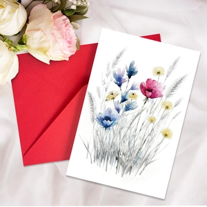 Floral watercolor greeting card with a vibrant red envelope on white silk background