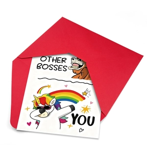 Carte d'anniversaire drôle pour patron avec licorne et enveloppe rouge au design créatif