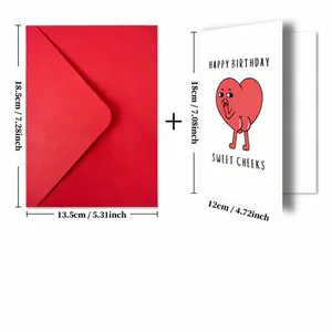 Detail view showing dimensions for funny birthday card set with red envelope