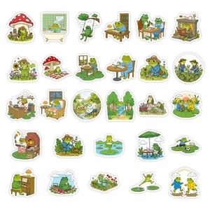 Collection of 28 cute cartoon frog stickers featuring various daily life activities