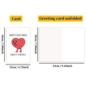 Detailed size chart for the cartoon heart birthday card in folded and open views