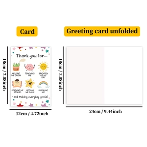 Detailed view of educational greeting card showing folded cover and open inside dimensions