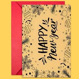 Detailed top view of festive Happy New Year greeting card with a vibrant red envelope