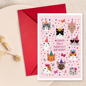 Carte de Vœux d'Anniversaire de Chat de Dessin Animé Mignon Et Enveloppe Rouge Carte de Papeterie Illustrée Rose pour Enfants