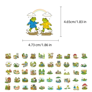 Detailed view of frog stickers set with precise dimensions and 50 unique cartoon designs