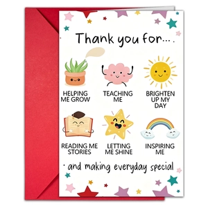 Creative thank you card set with cute cartoon illustrations and red envelope for gift