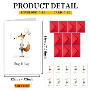 Detail view of 10 Happy Birthday cards with fox illustration and red envelopes with sizes