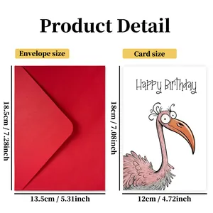 Watercolor bird happy birthday card set with red envelope and size measurements