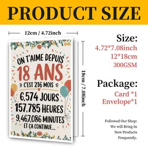 Guide des tailles de la carte d'anniversaire 18 ans 12x18cm avec son enveloppe