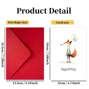 Birthday card set with fox illustration and envelopes including size chart measurements