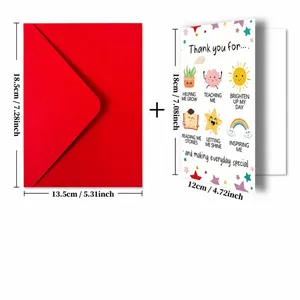 Detailed size specification for the red envelope and floral illustrated thank you card