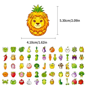 Detailed view of cartoon fruit animal stickers with specific size measurements and variety