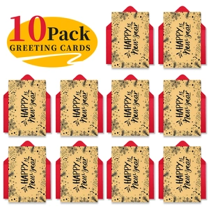 Detail view of a 10-pack vintage New Year greeting card set with red envelopes