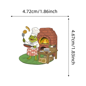 Detail showing cartoon frog chef sticker size 4.72cm by 4.67cm with cooking scene