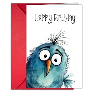 Detail of Happy Birthday card with watercolor blue bird illustration and red envelope