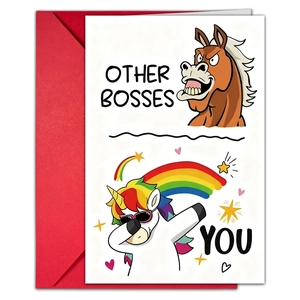 Carte d'anniversaire drôle avec licorne cool contre cheval en colère et enveloppe rouge