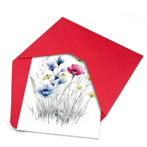 Artistic watercolor floral greeting card with vibrant red envelope in 45-degree top view