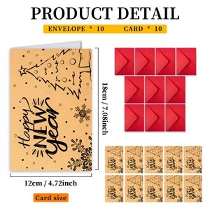 Detail showing dimensions of 10 New Year cards with red envelopes and tree patterns