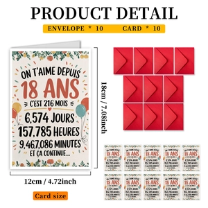 Détail du lot de 10 cartes 18 ans avec texte français et enveloppes rouges