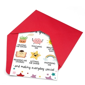 Holiday thank you card set with red envelope and cute plant illustration for teachers