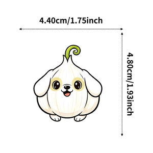 Waterproof sticker detail showing size 4.4x4.8cm of cute cartoon garlic dog character sticker