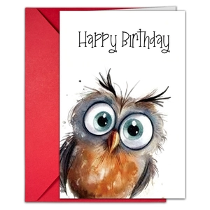 Detailed view of watercolor owl birthday card with Happy Birthday text and red envelope
