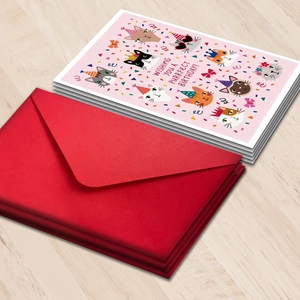 Lot de cartes d'anniversaire chat rose avec enveloppes sur fond bois chaleureux