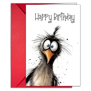 Close-up of watercolor funny bird birthday card with a vibrant red gift envelope