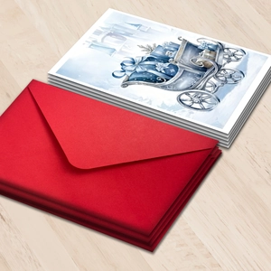 Blue watercolor Christmas card set with red envelopes and festive sleigh design